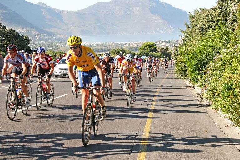 A large bunch on a road in Cape Town, mountains behind