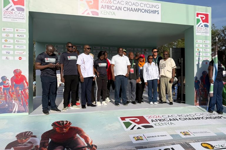 Officials gathered on the start podium of the 2026 CAC African Road Championships, in Kisumu