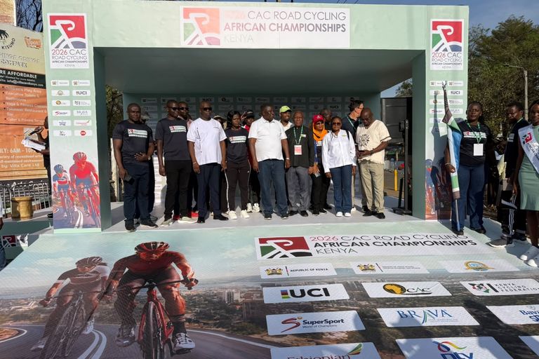Officials gathered on the start podium of the 2026 CAC African Road Championships, in Kisumu