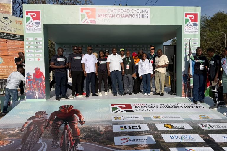 Officials gathered on the start podium of the 2026 CAC African Road Championships, in Kisumu