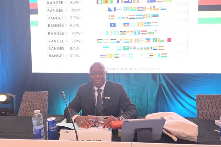 Le président de la CAC assis à sa table de séance, devant un écran qui place les délégations par rangée et par drapeau